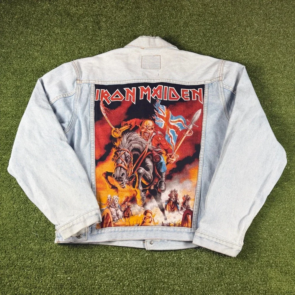 Classic Cotton Co Iron Maiden‎ The Trooper Denim Jacket Light Wash Blue XL